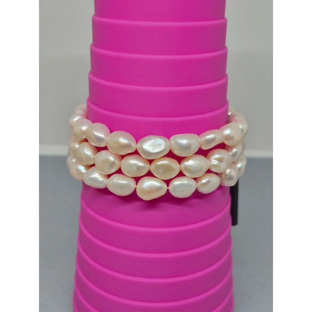 Freshwater‎ Pearl Bracelet Triple Strand Stretch White Baroque Cultured Jewelry